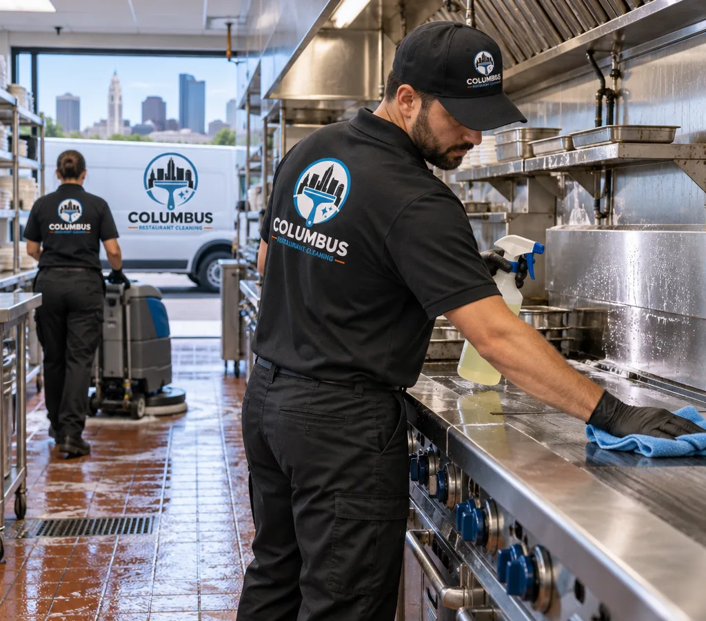 Professional cleaners cleaning a commercial restaurant kitchen line in Columbus