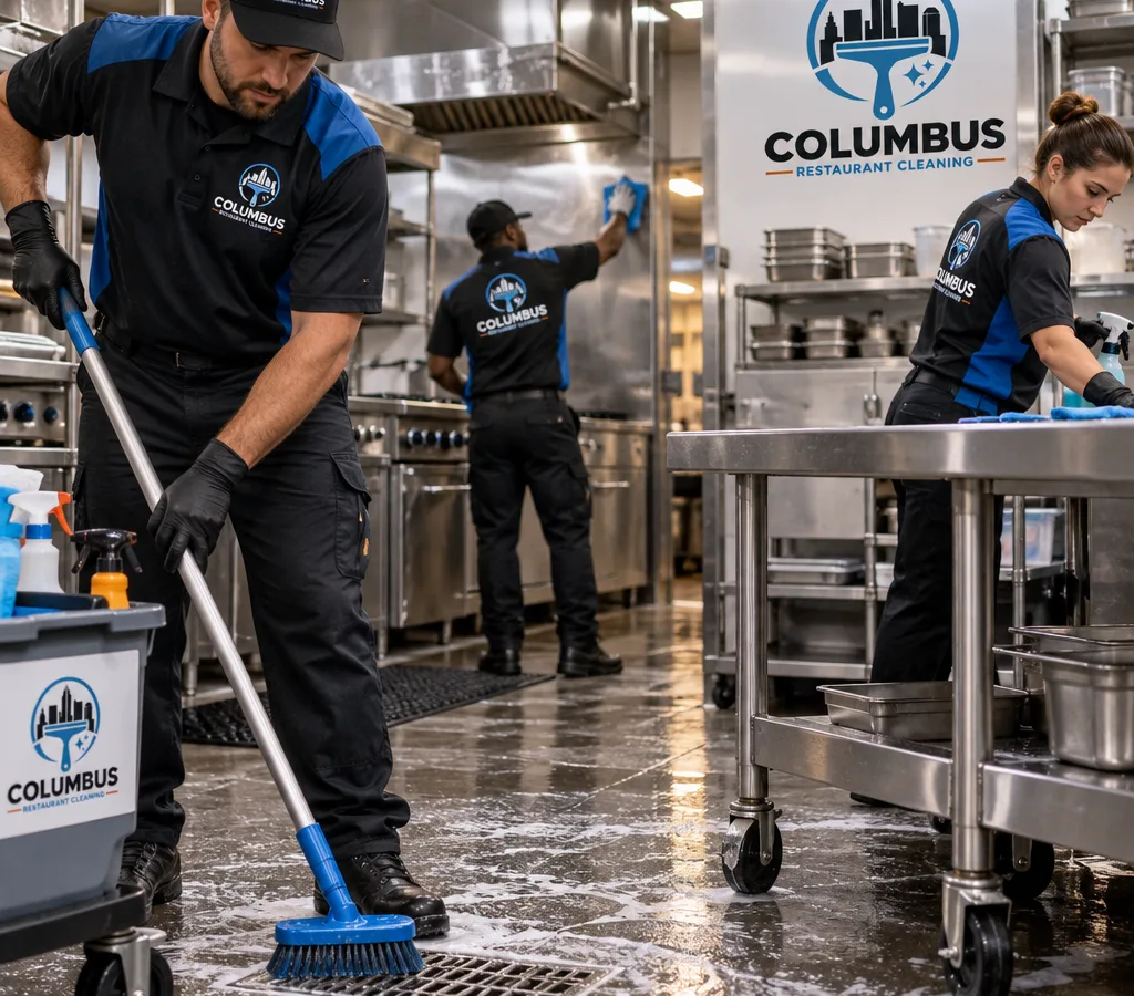 Technicians deep cleaning stainless prep tables, floor drains, and equipment casters in a Columbus restaurant kitchen