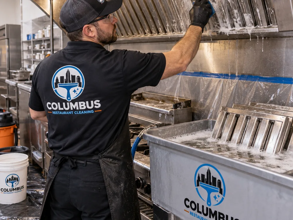 Technician cleaning a commercial kitchen exhaust hood canopy and baffle filters in a protected wash area