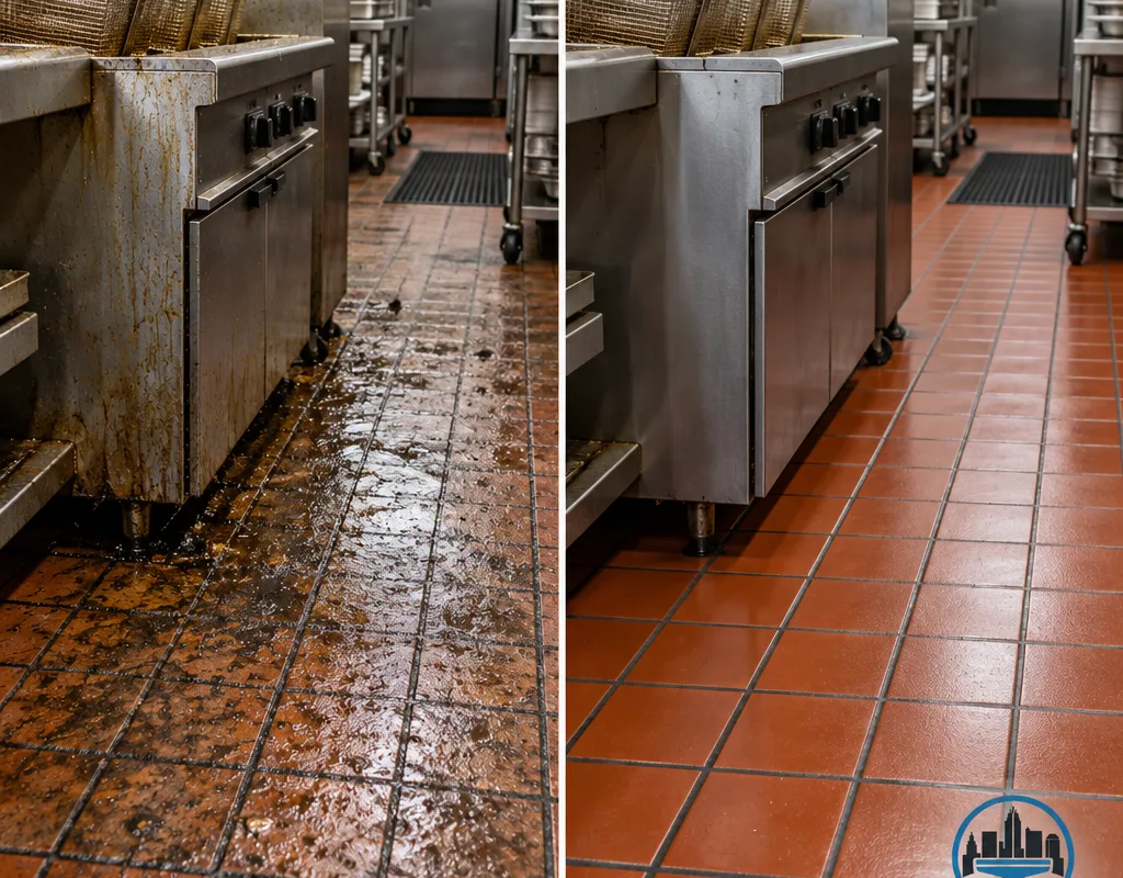 Before and after view of a greasy quarry tile kitchen floor around a fry station, followed by clean grout lines and no standing grease