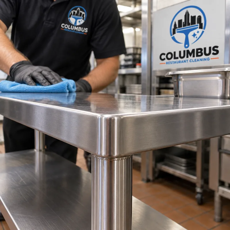 Clean stainless prep table edges, undershelf, legs, and detailed seams with a streak-free finish