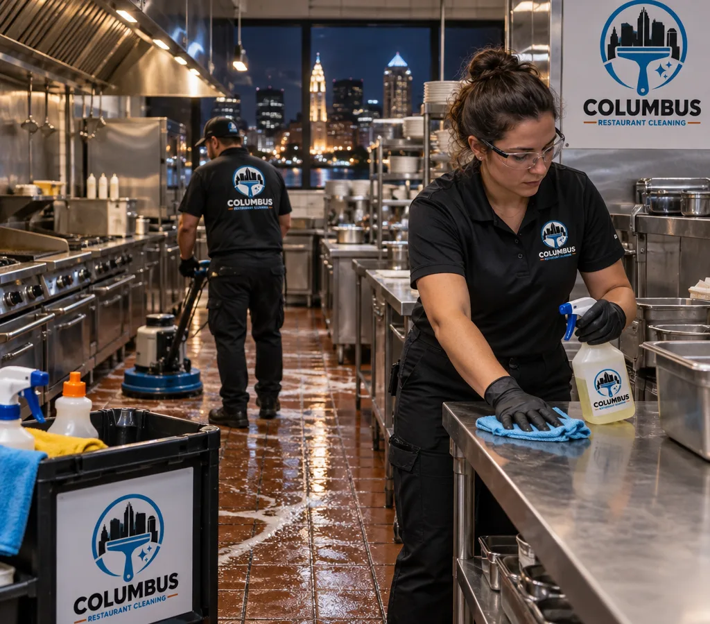 Night-time professional cleaning inside a working Columbus restaurant kitchen with stainless equipment, hood line, prep tables, and tile flooring