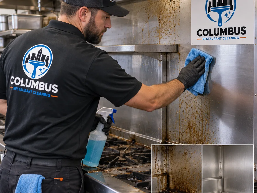 Technician degreasing and wiping stainless backsplash and commercial range side panels on a cook line