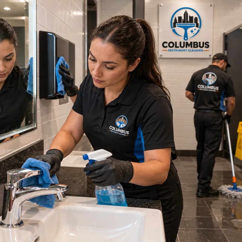 Professional cleaner disinfecting restroom sink fixtures, mirror, dispensers, and floor edges