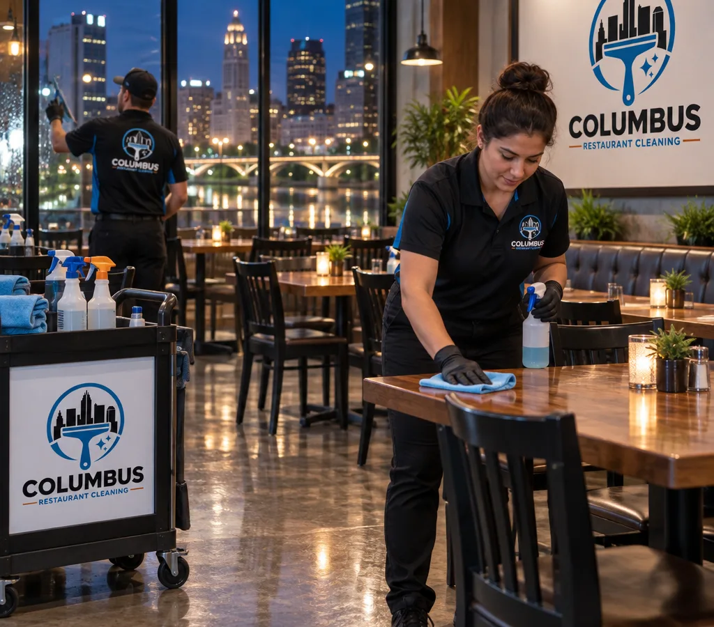 After-hours professional cleaner detailing restaurant tables and chairs with freshly finished floors in the background