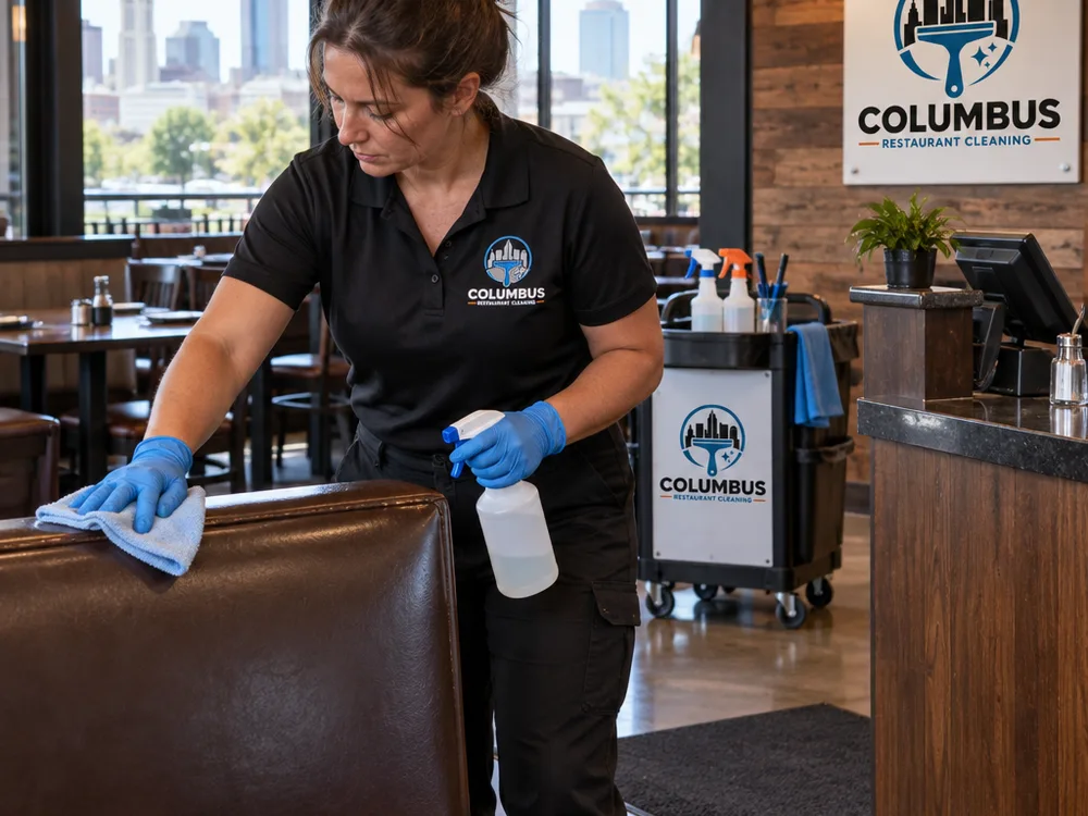 Cleaner wiping booth seating and disinfecting high-touch areas near a restaurant host stand