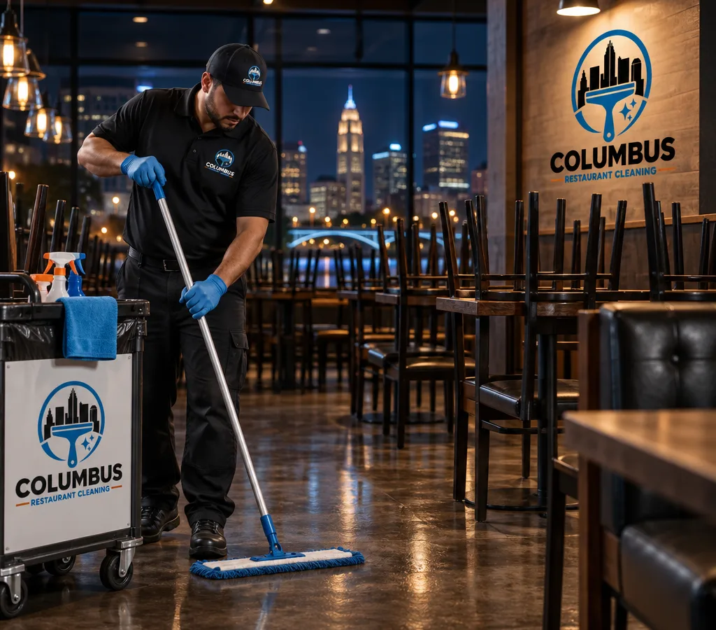 Cleaner mopping and detailing a closed restaurant dining room at night with chairs raised and lights dimmed