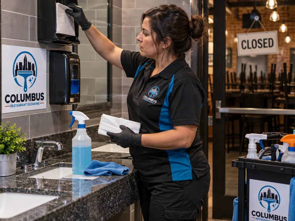 Night cleaner restocking dispensers and sanitizing sinks in a commercial restaurant restroom