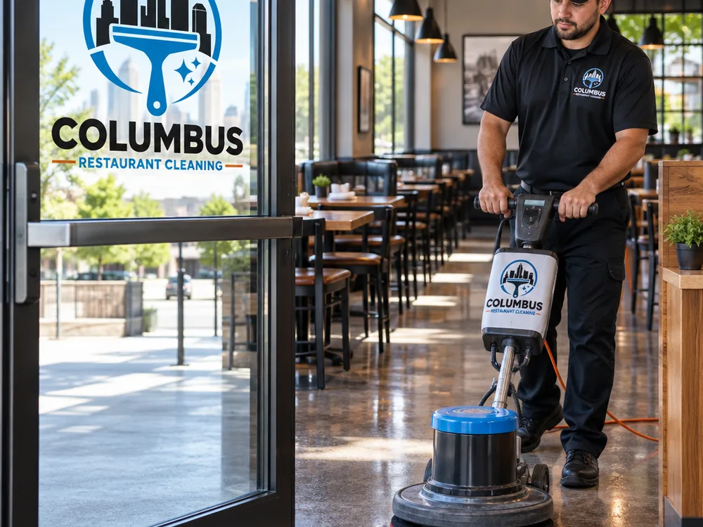Freshly cleaned restaurant dining area before opening with streak-free glass and clean traffic paths