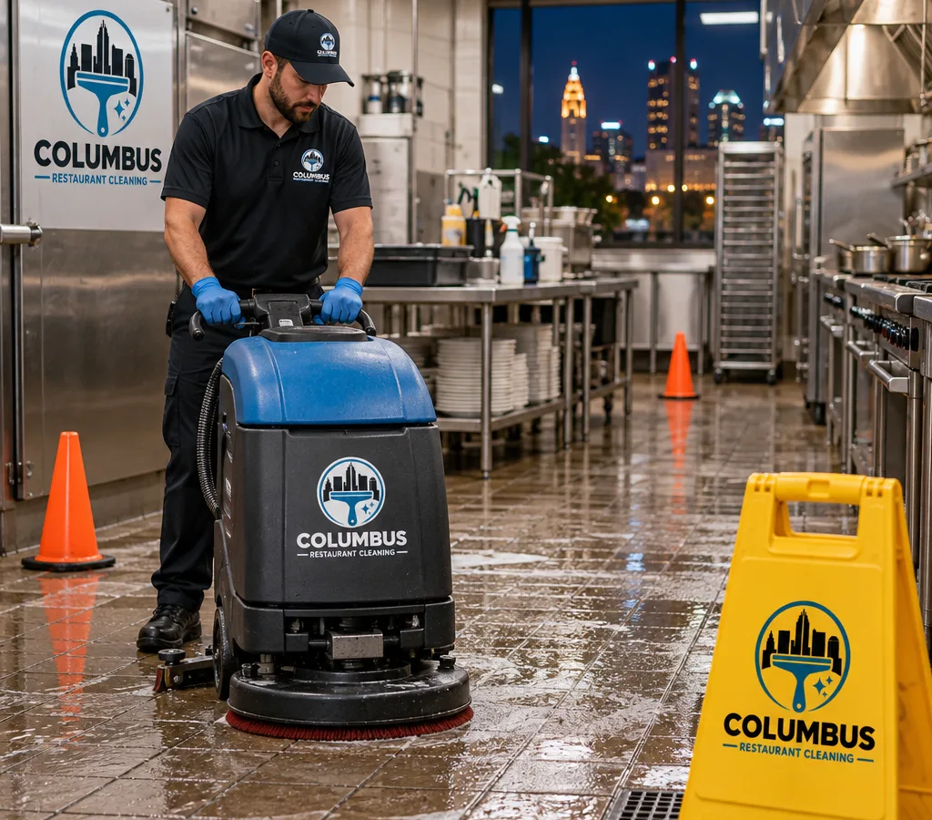 After-hours commercial kitchen floor cleaning in a Columbus restaurant with a technician operating a floor scrubber on greasy tile
