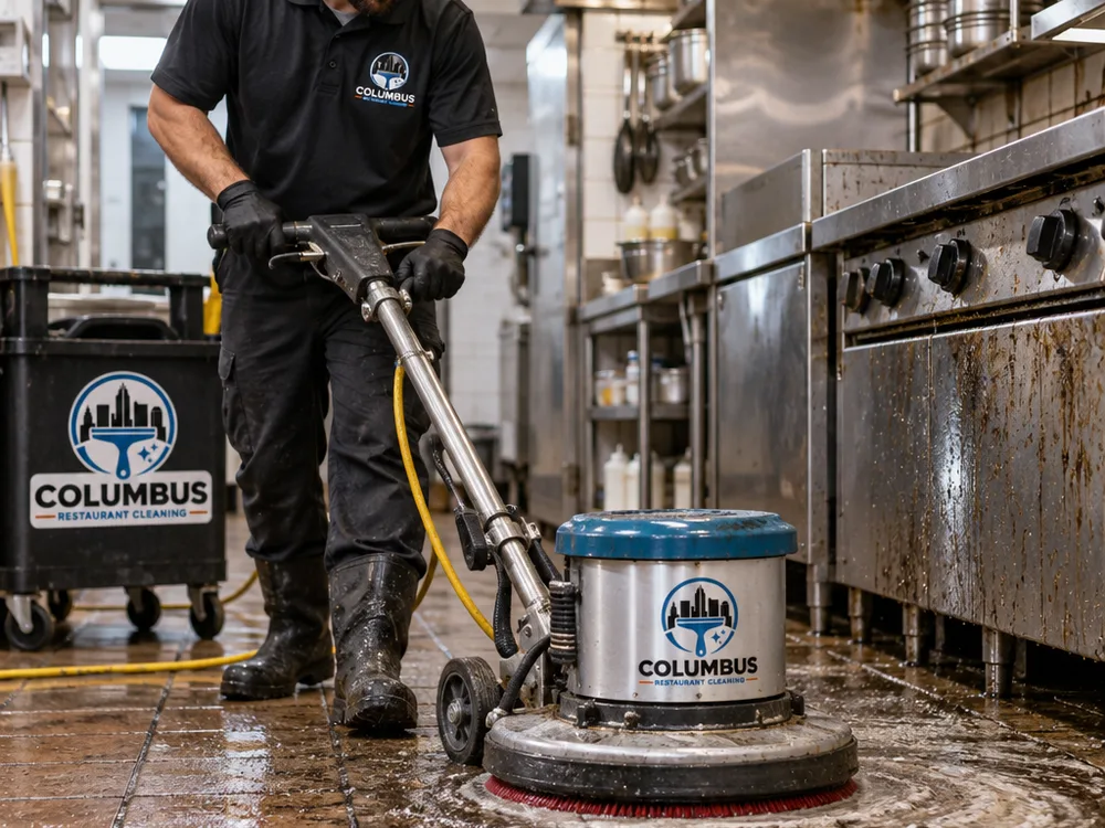 Commercial technician scrubbing greasy restaurant kitchen grout lines with a rotary floor machine