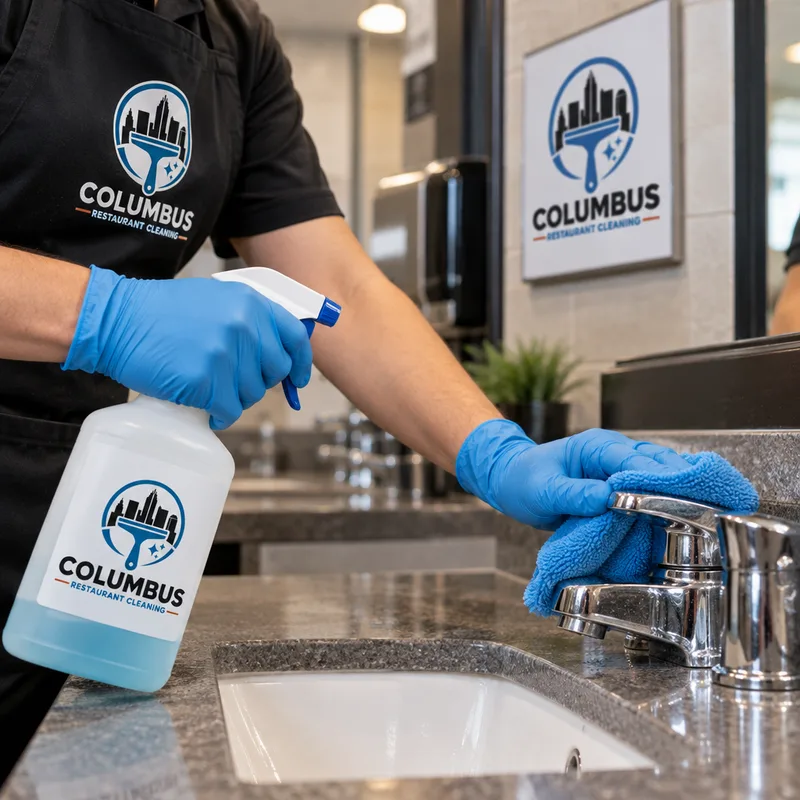 Gloved hands disinfecting faucet handles and a counter in a clean commercial restroom