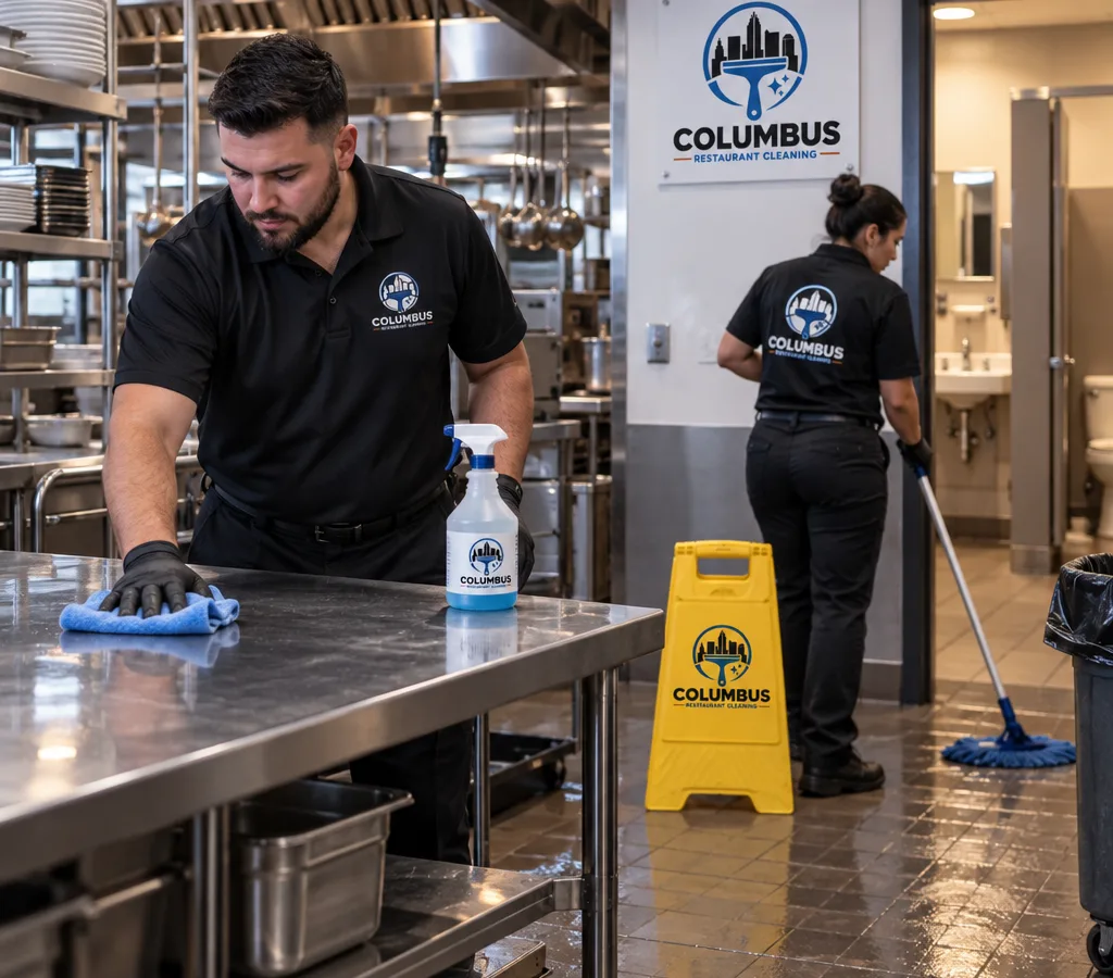 After-hours restaurant cleaning in a commercial kitchen and adjacent restroom area with technicians wiping stainless surfaces and mopping near wet-floor signage