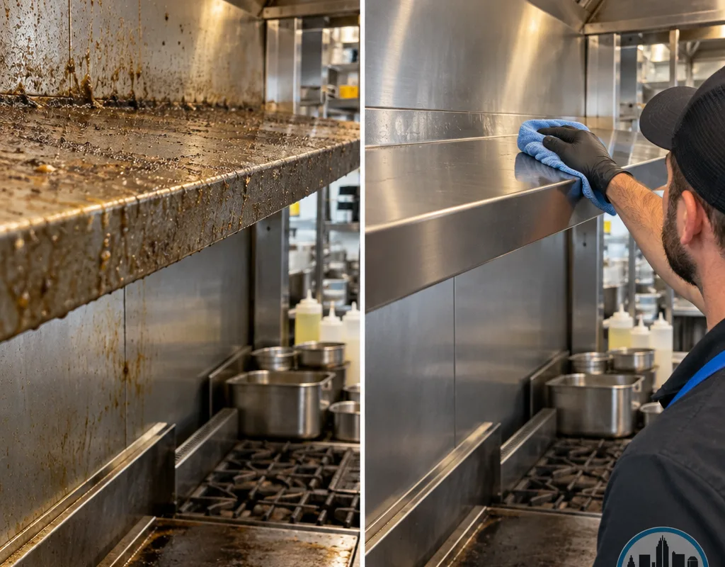 Before-and-after comparison of a greasy overhead shelf above a cook line and the same ledge clean after high dusting