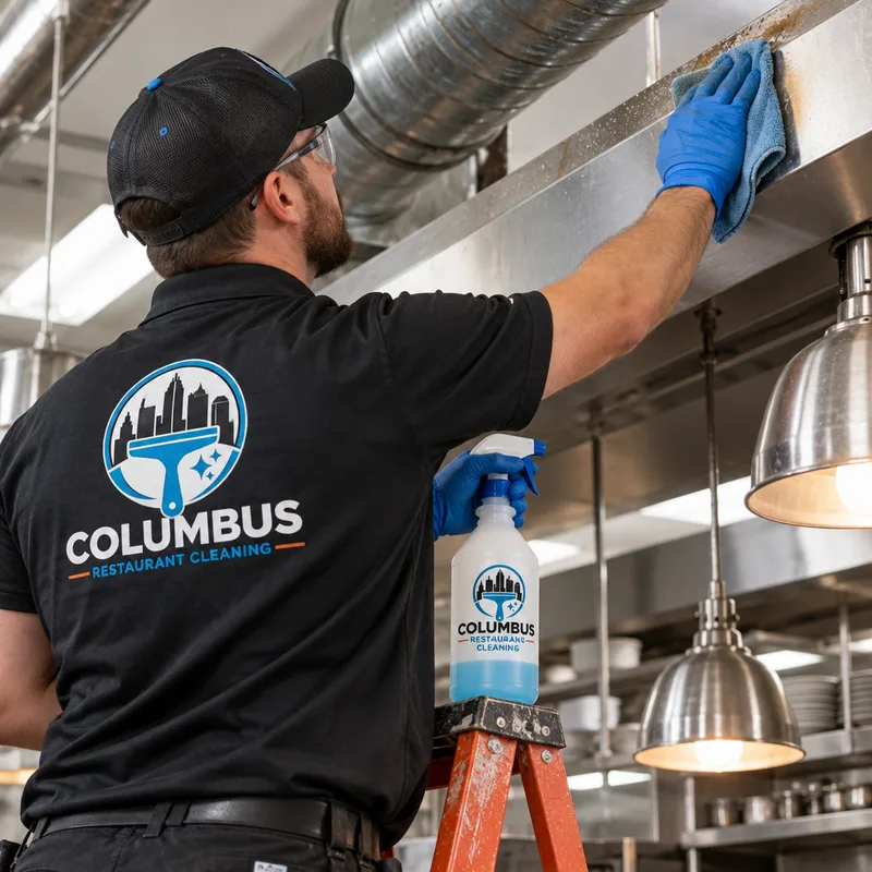 Technician high dusting a greasy overhead ledge near restaurant kitchen ductwork and light fixtures with food-safe cleaner