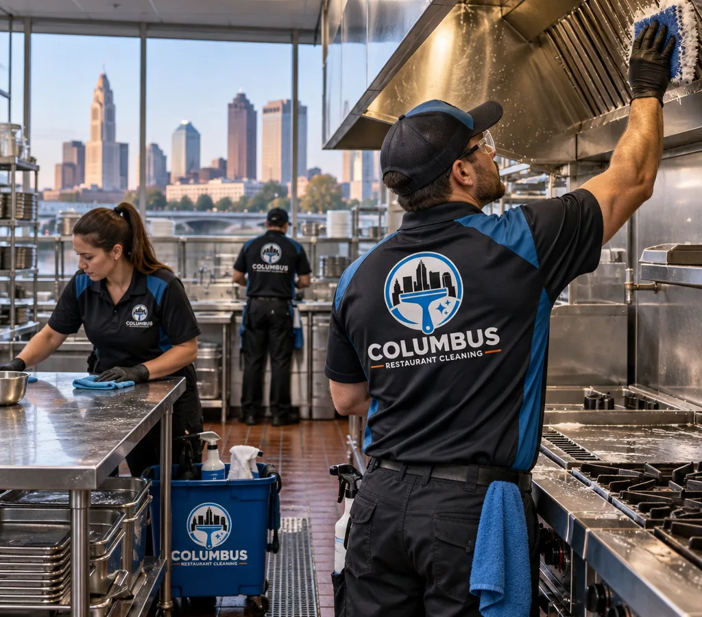Commercial restaurant kitchen during an off-hours deep clean with stainless prep tables, cook line, and hood area being detailed using food-safe methods
