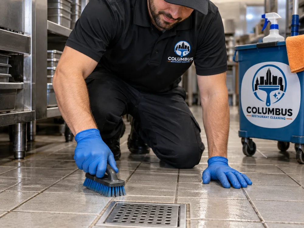 Clean commercial kitchen floor drain with surrounding tile and grout scrubbed free of dark buildup