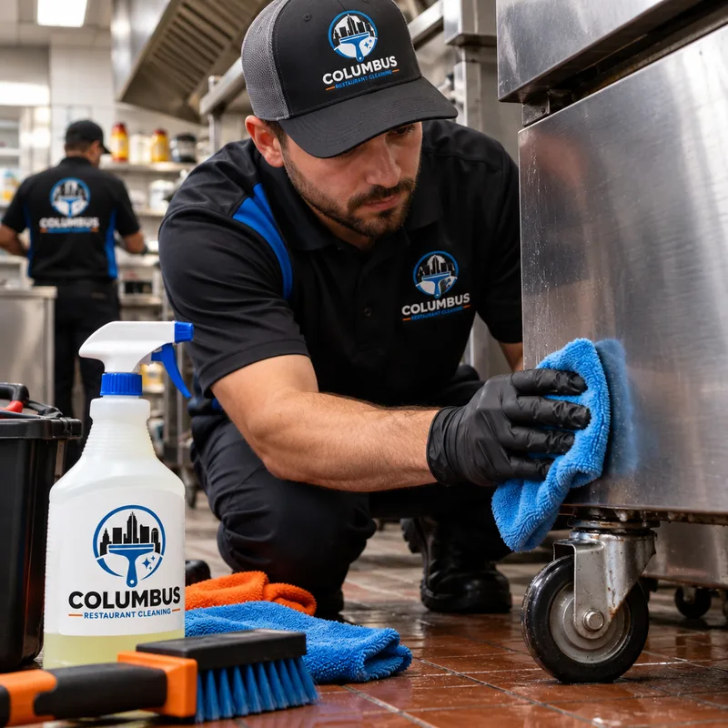 Technician detailing stainless equipment sides and casters near a cook line with color-coded tools