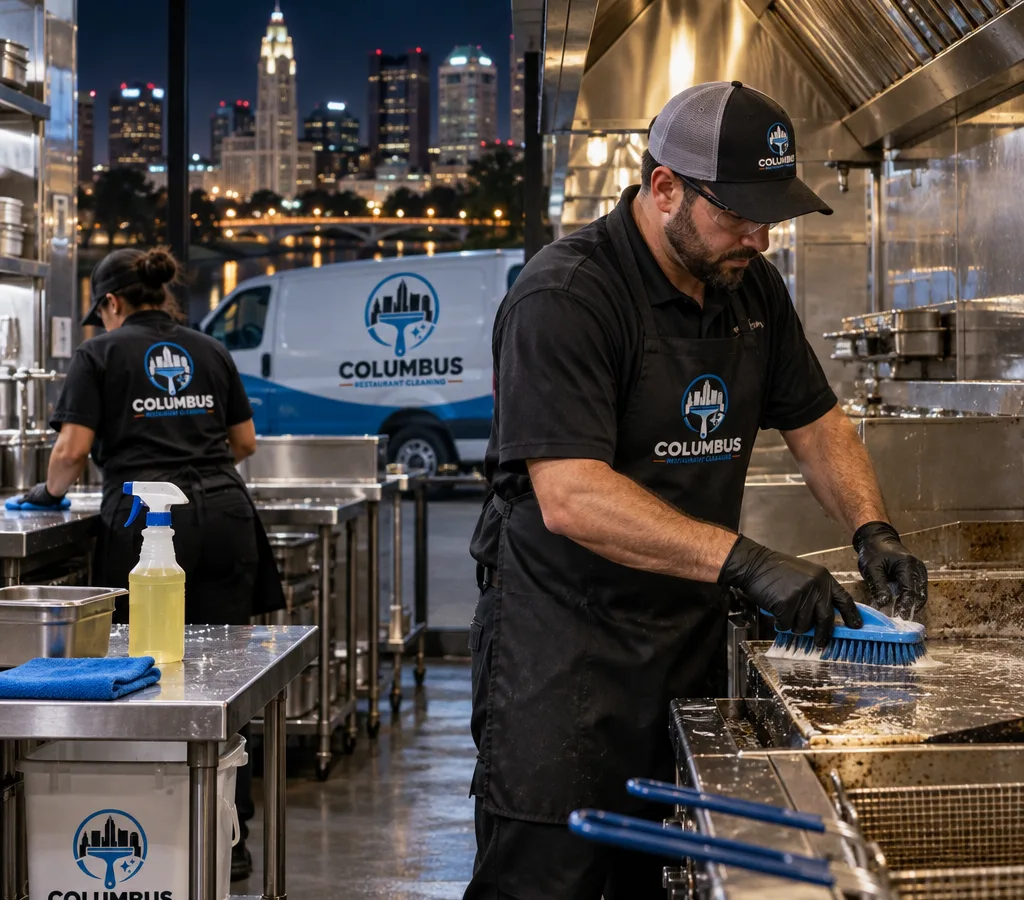 Night crew cleaning a commercial kitchen line with stainless prep tables, fryers, hood area, and clearly labeled food-safe tools