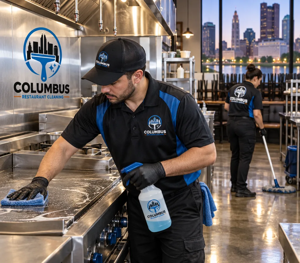 After-hours restaurant crew cleaning a commercial kitchen line while another worker mops the dining area