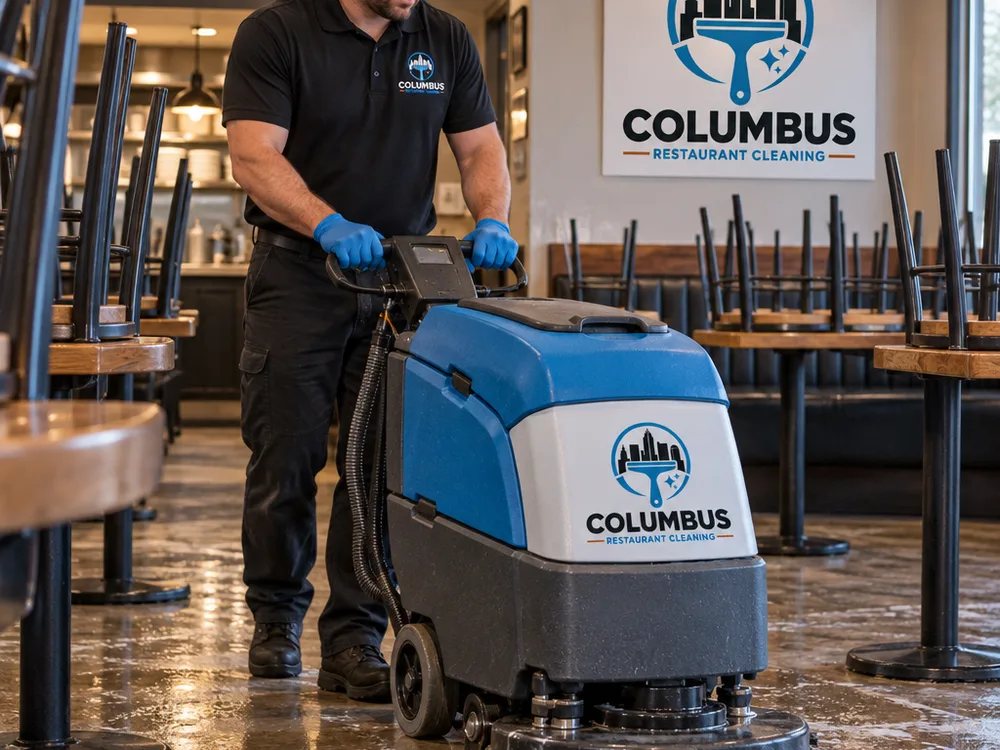 Cleaner using a commercial floor scrubber around chairs and table bases in a restaurant dining room after closing