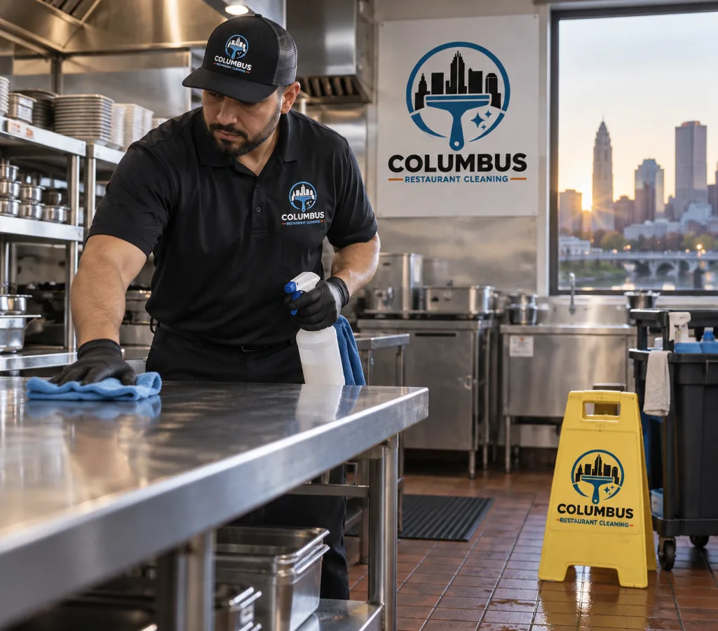 Early-morning restaurant cleaning scene with a technician wiping stainless prep tables and visible floor signage in a commercial kitchen environment
