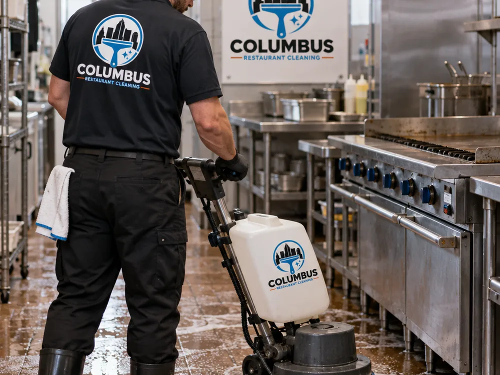 Technician cleaning a commercial kitchen floor with a scrubber and degreaser near a cook line, with stainless equipment visible and proper PPE