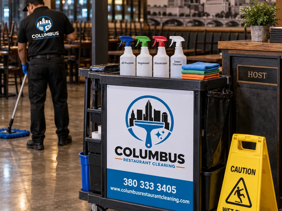 Organized night cleaning cart staged near a restaurant host stand with labeled bottles and floor sign