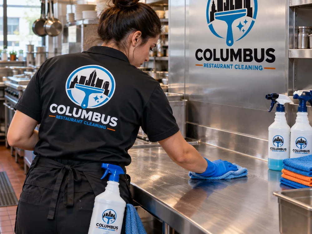 Cleaner degreasing stainless prep tables in a working restaurant kitchen